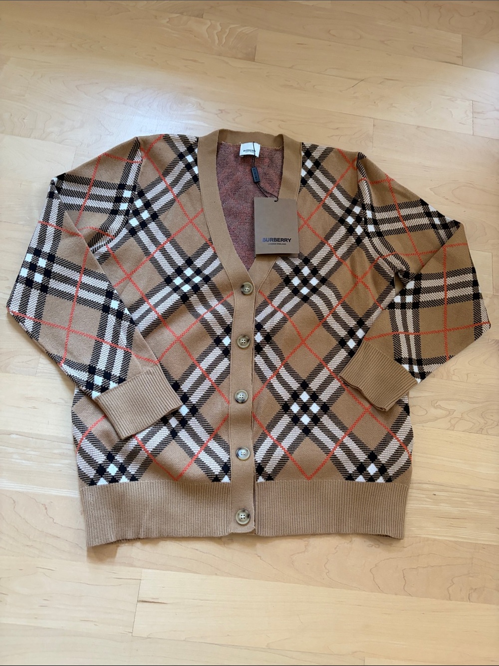 Burberry Camel Plaid V-Neck Button Cardigan with Red Accents